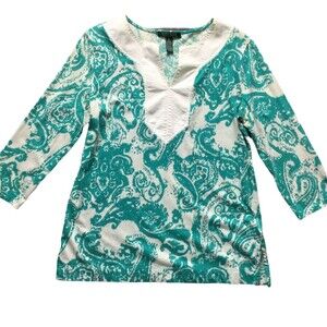 Ralph Lauren Womens Top size Medium Blue White Pullover 3/4 Sleeves 100% Cotton